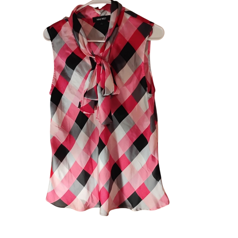 Nine West Pink Black Tie Neck Satin  Sleeveless Blouse